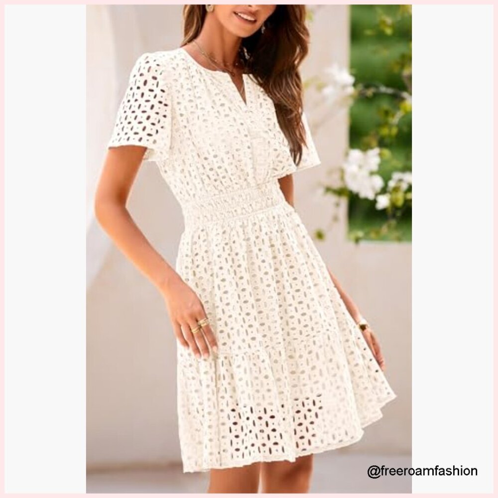 Summer A-Line V-Neck Lace Mini Dress Casual Beach Party - Picture 3 of 7